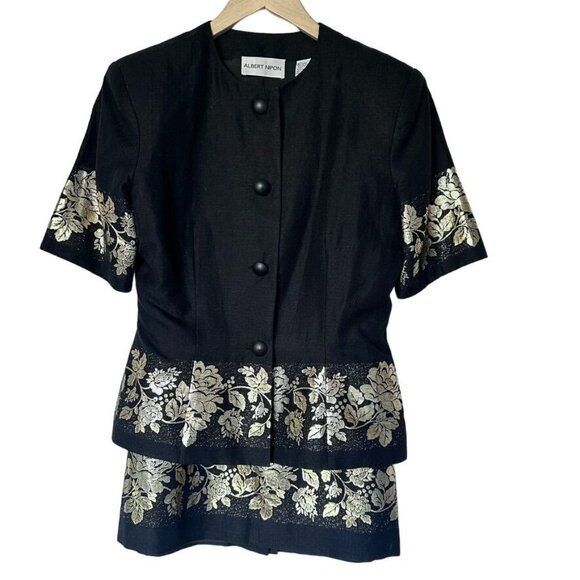 Vintage Albert Nipon Black & Gold Floral Embroidered Linen Skirt Suit Women's 8 - Picture 3 of 11